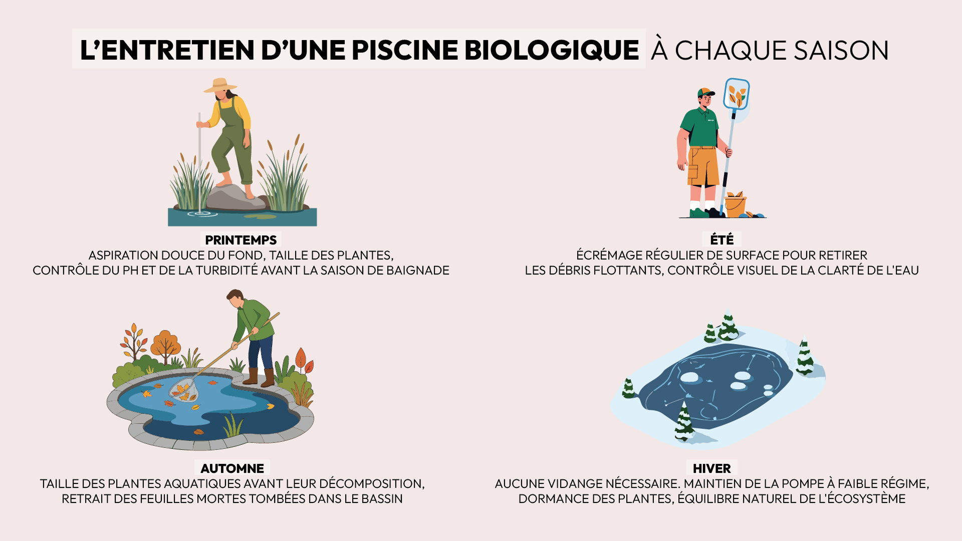 entretien bassin nage selon saisons aspiration taille écrémage contrôle pH