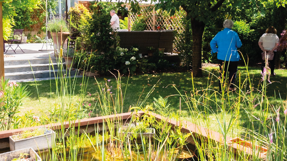 jardin coloré qui stimule les 5 sens avec bassin et tonnelle