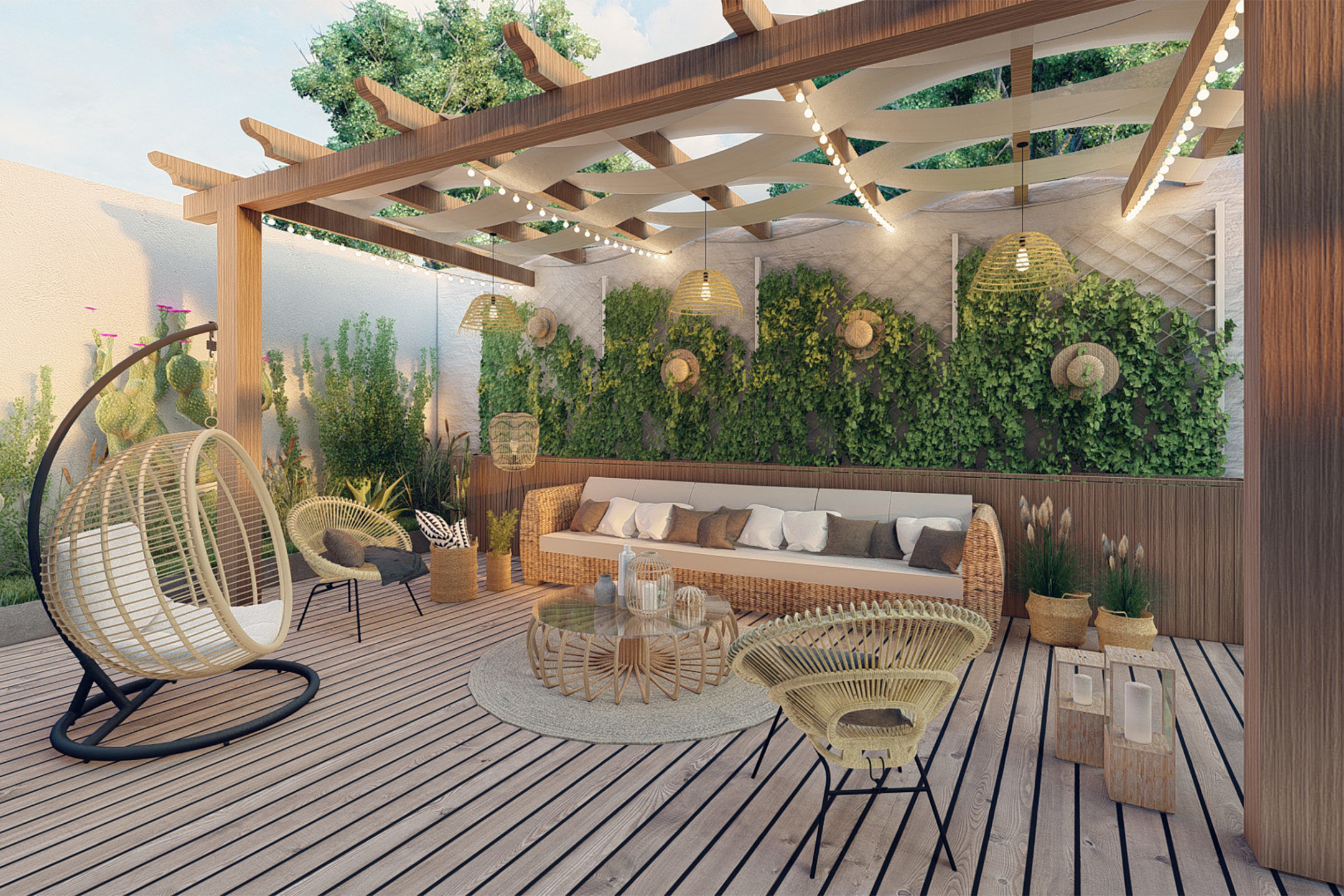 une terrasse extérieure avec un salon de jardin et une pergola