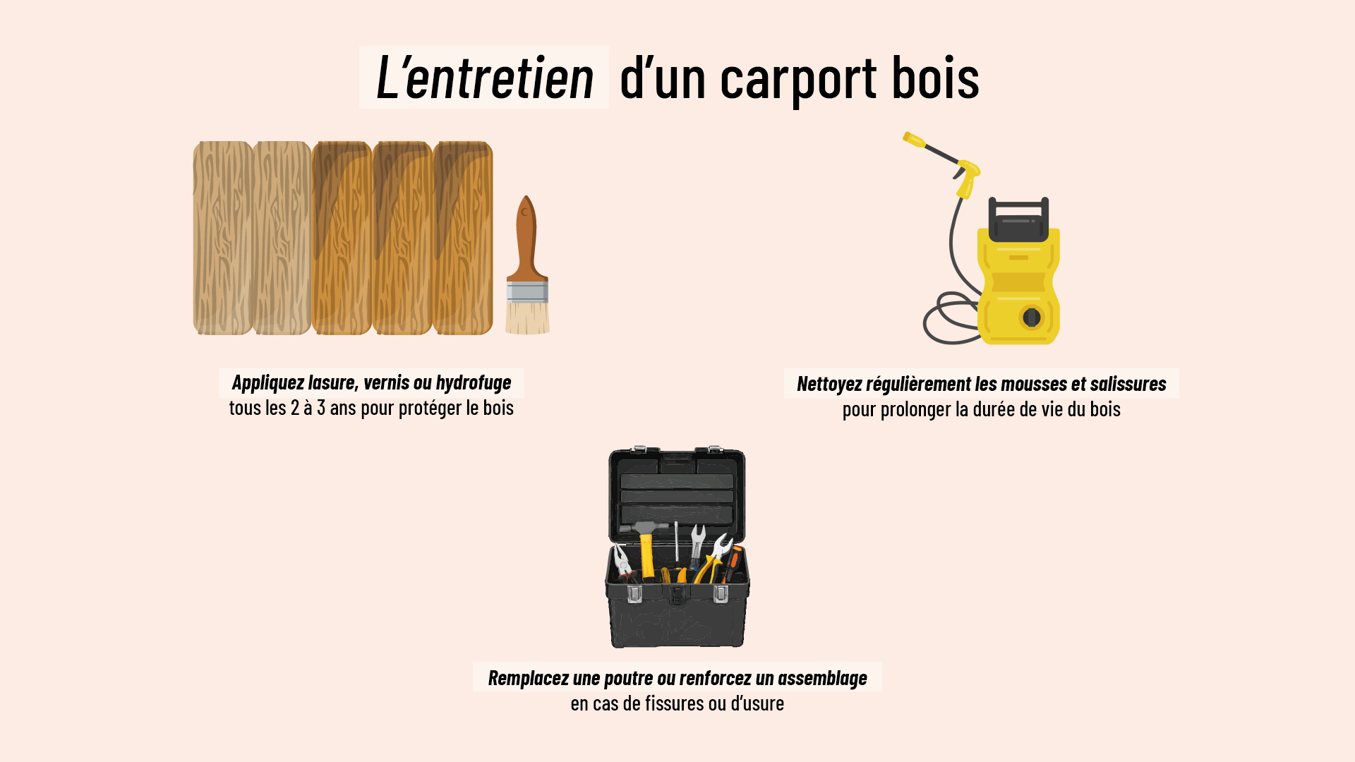 infographie présentant des astuces pour entretenir le bois de son carport