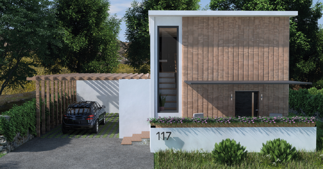 un carport à toit ajouré au-dessus d’une allée de jardin