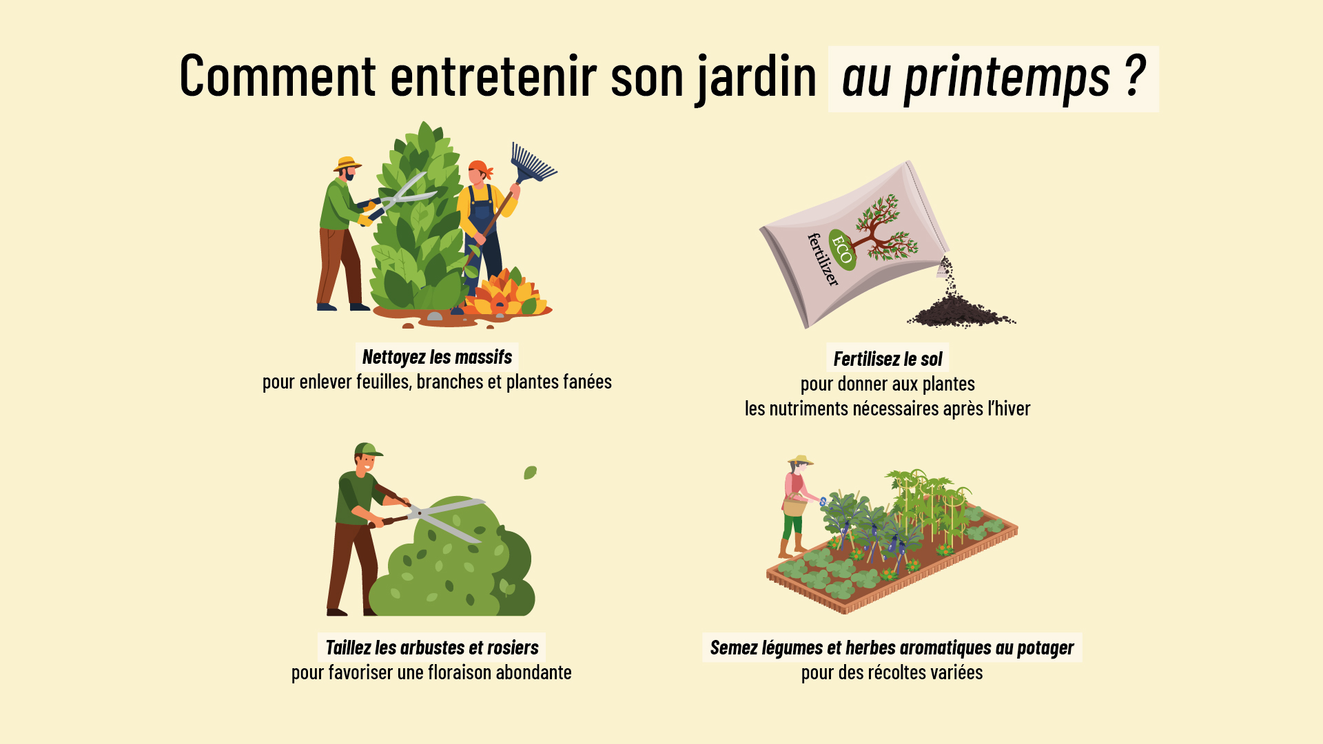infographie expliquant comment entretenir son jardin au printemps