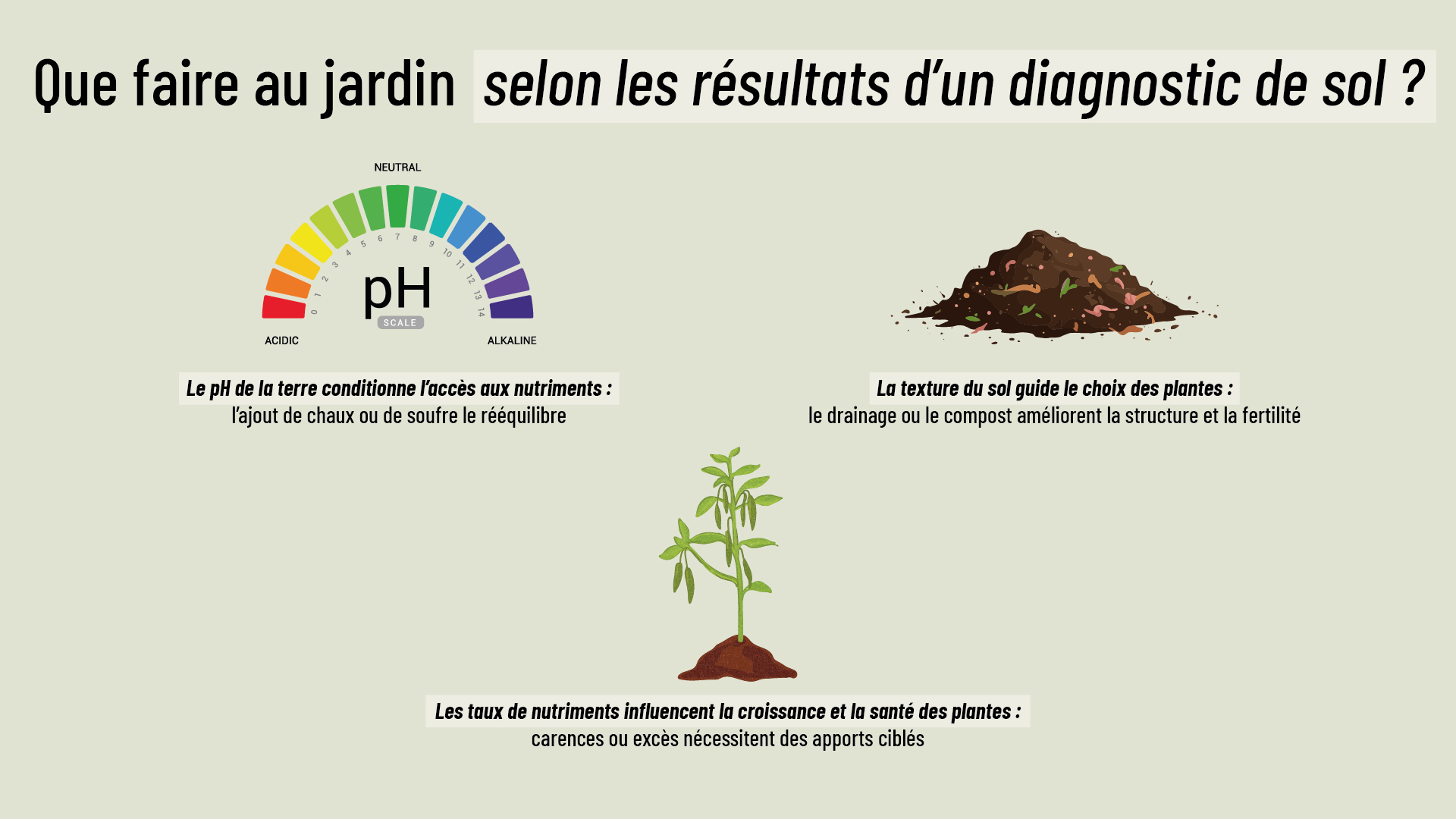 infographie précisant les actions à mener au jardin suite à une analyse de la terre