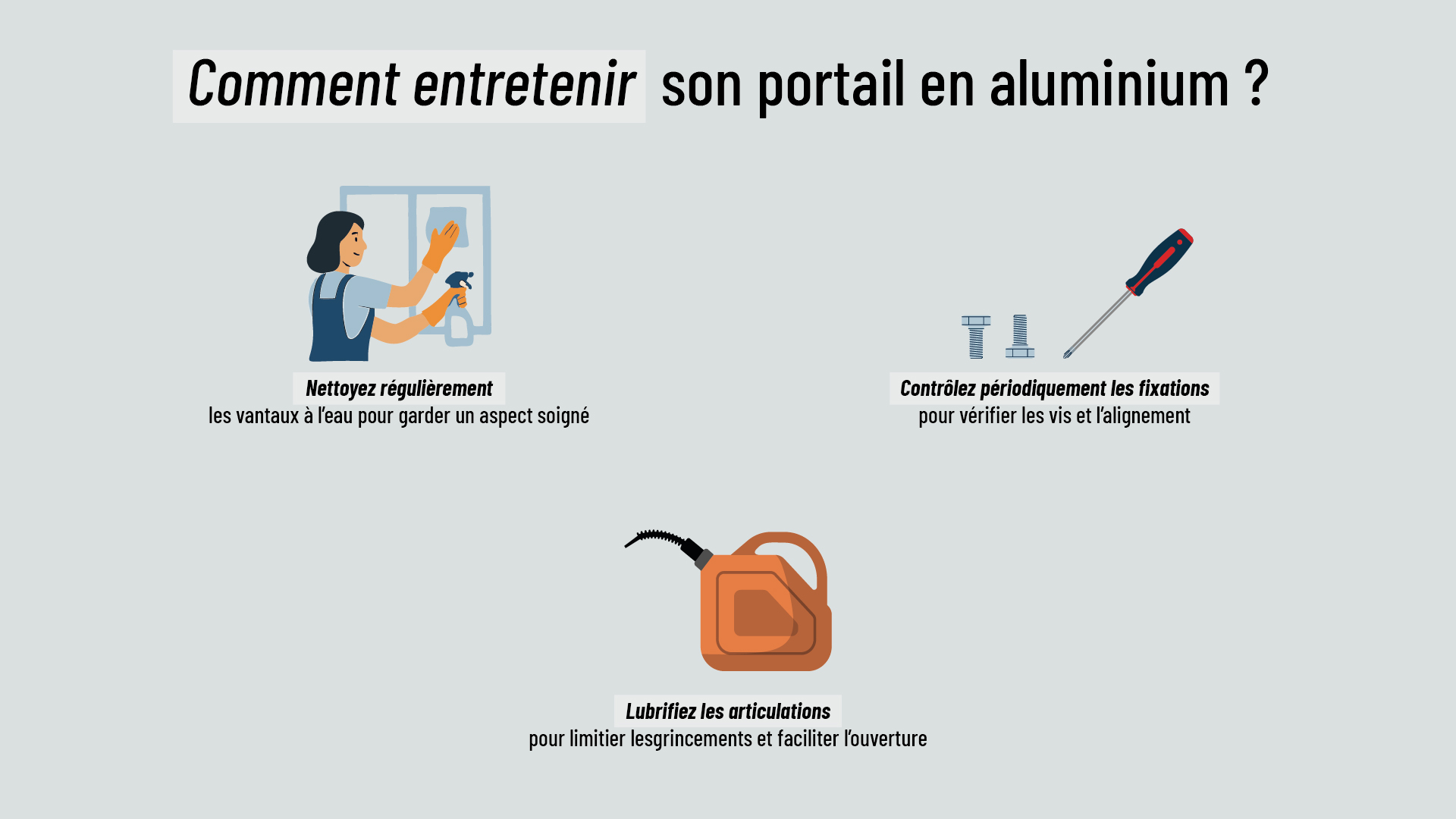 infographie apportant des conseils pour entretenir son portail en aluminium