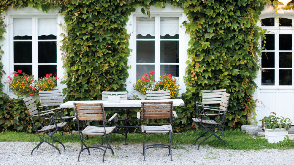 une façade végétalisée sur une maison avec un salon de jardin