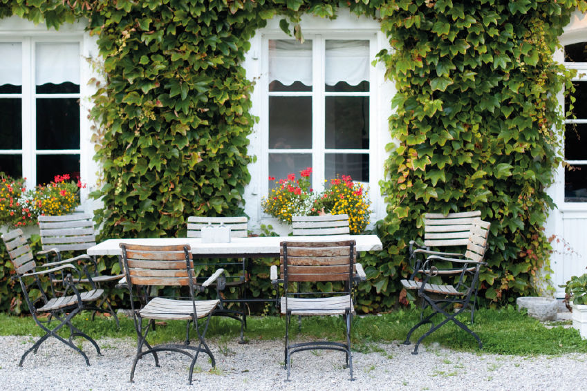 une façade végétalisée sur une maison avec un salon de jardin