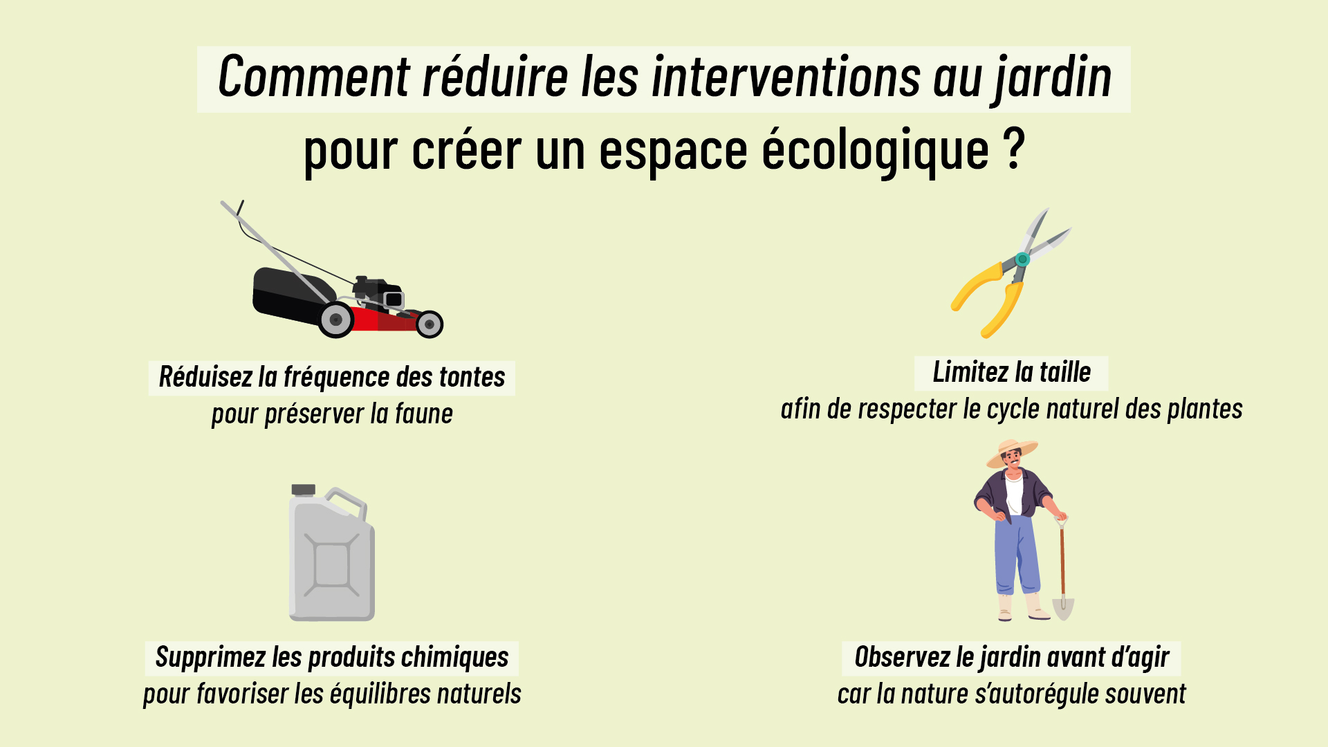 infographie expliquant l’importance de réduire les interventions pour favoriser la biodiversité au jardin