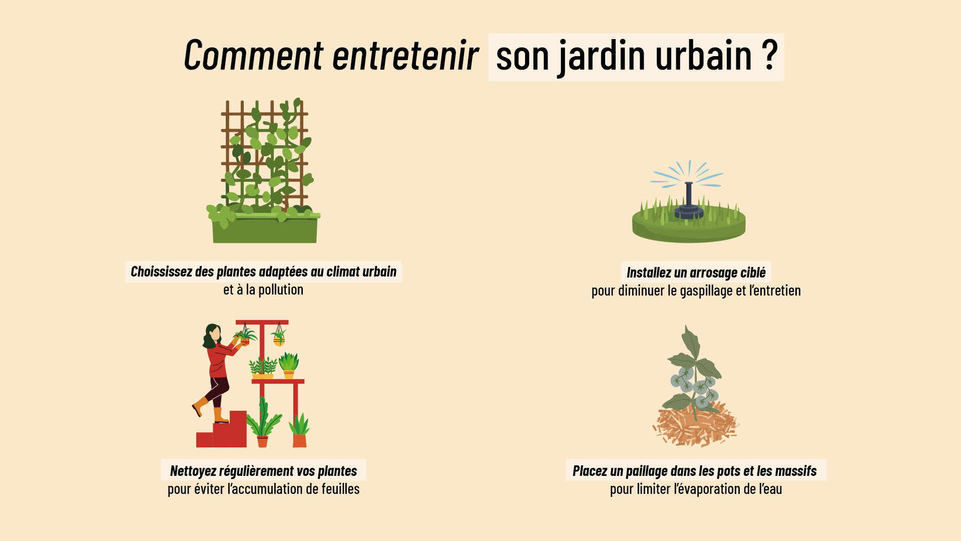 infographie expliquant comment limiter l’entretien de son jardin urbain