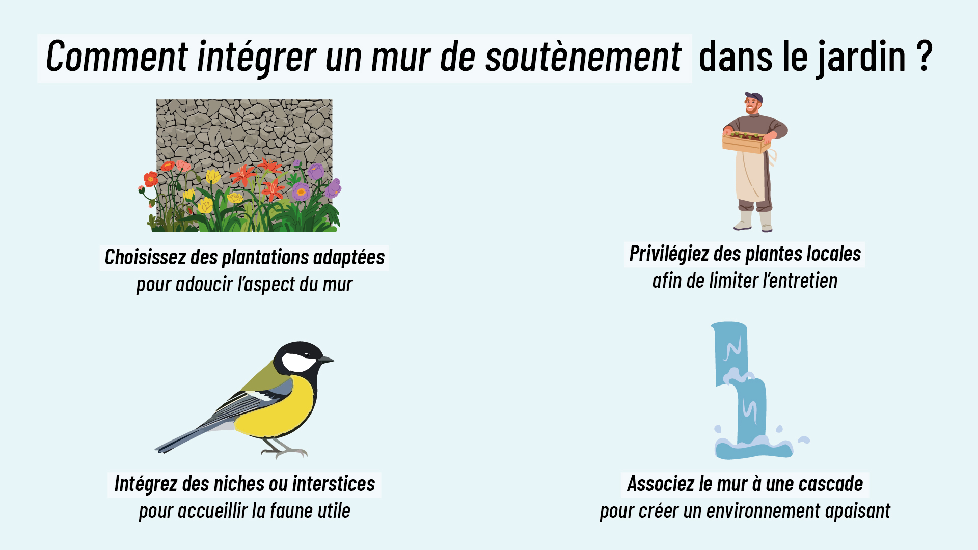 infographie expliquant comment intégrer un mur paysager dans le jardin
