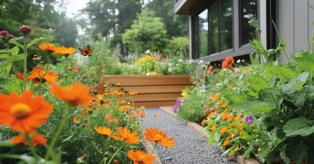 un jardin citadin avec une allée et des massifs fleuris