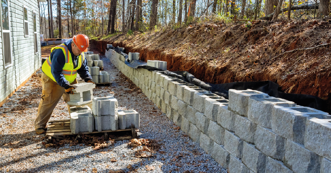 un maçon paysagiste en train de construire un mur de soutènement dans un jardin