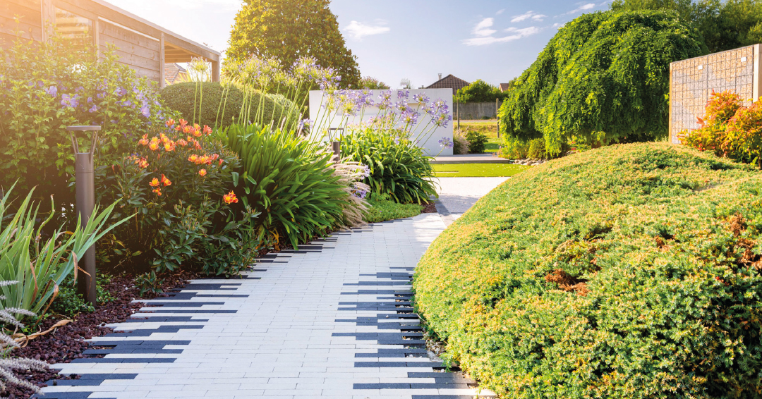 une allée en pierre naturelle entre des massifs végétaux
