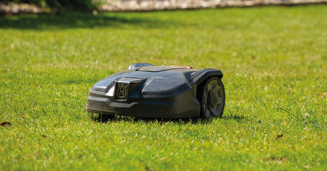 robot de tonte en train de tondre une pelouse